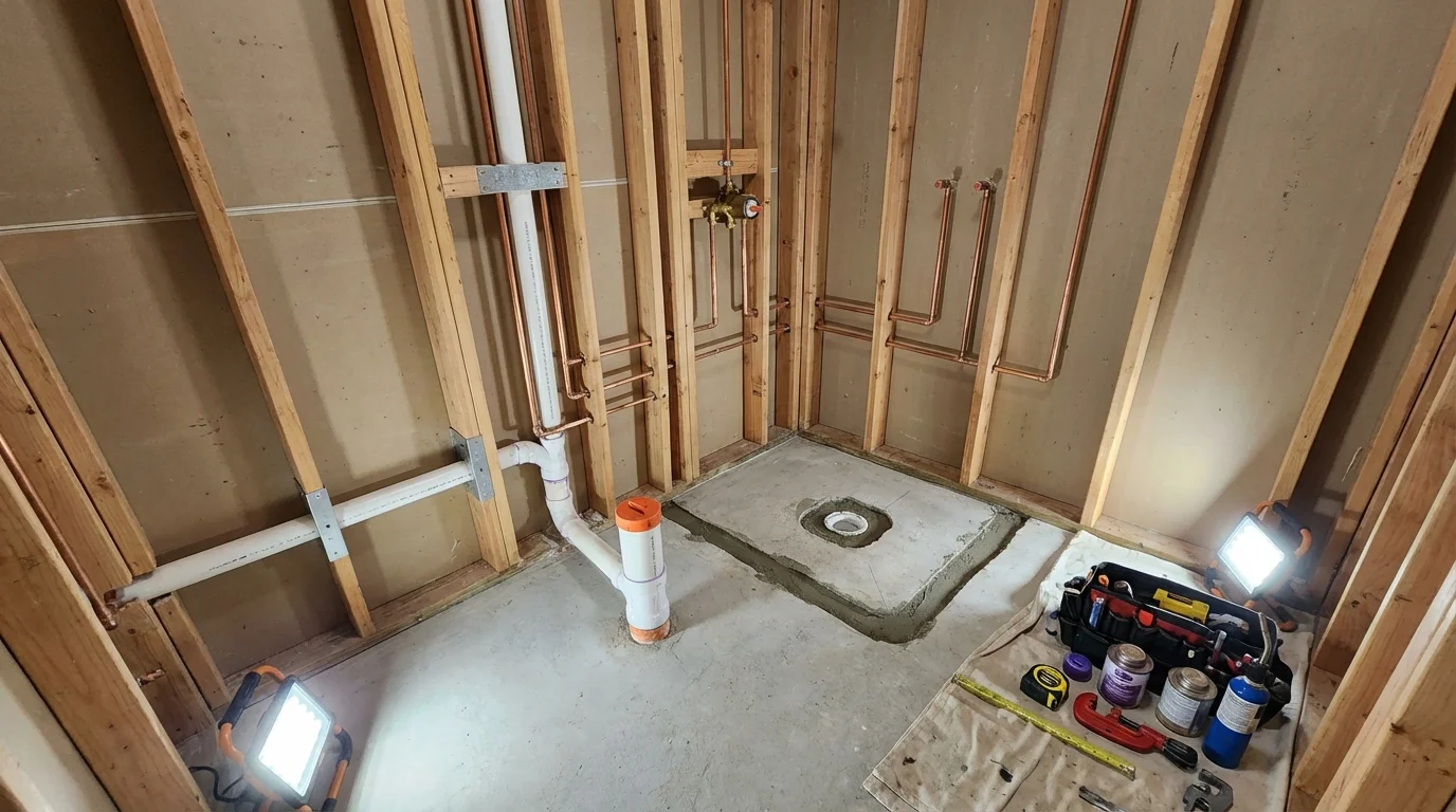 Bathroom rough-in plumbing during remodel by Johns Plumbing LLC in San Juan Capistrano
