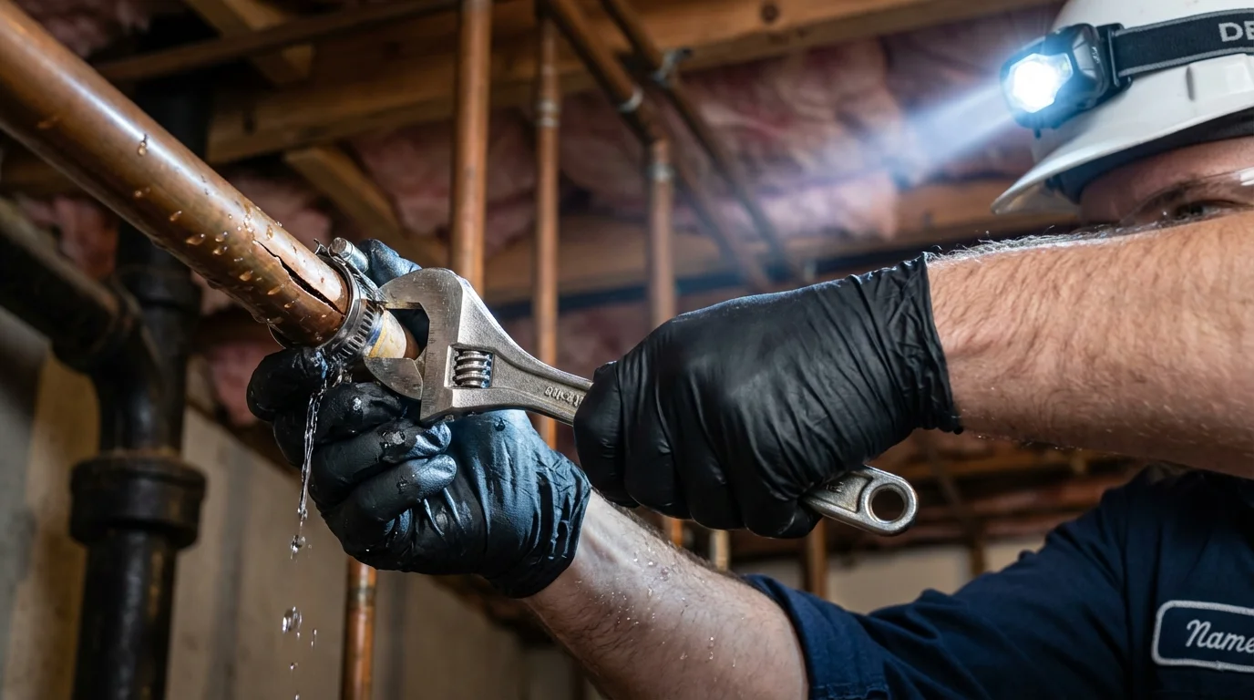 Emergency pipe clamp repair being performed by a Johns Plumbing LLC plumber in San Juan Capistrano