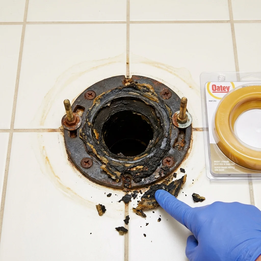 Failed wax ring showing water seepage at the base of a toilet in a San Juan Capistrano, CA home