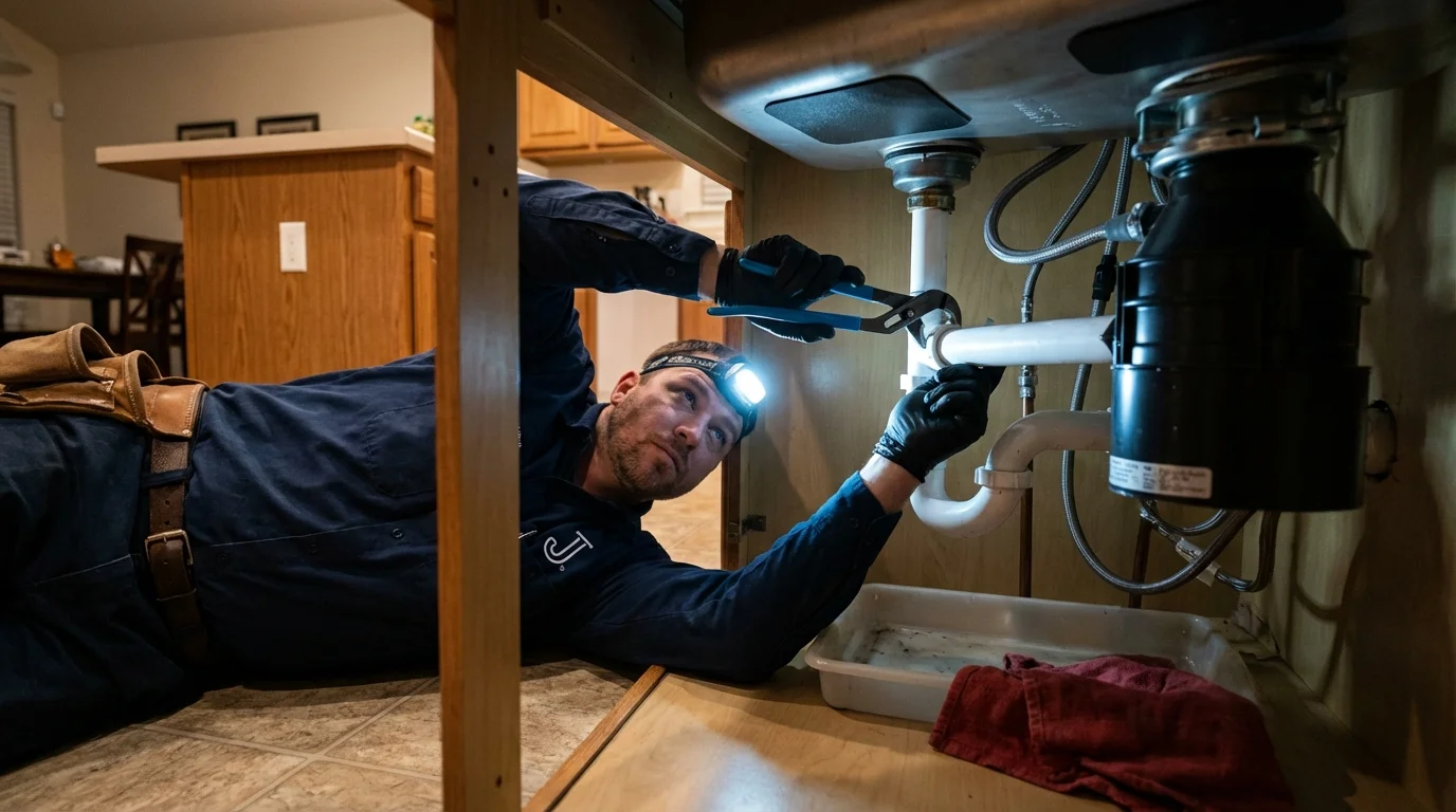 P-trap and supply line connections under a kitchen sink showing a common leak point in San Juan Capistrano, CA